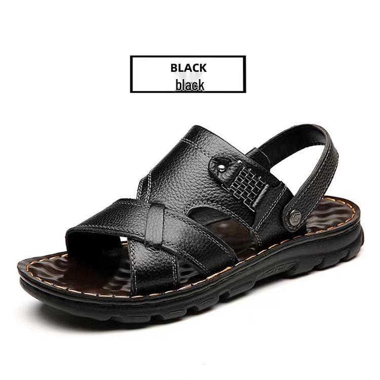 Men's Genuine Leather Casual Sandals - Versatile, Non-Slip, Perforated with Thick Sole for Outdoor & Beach Use