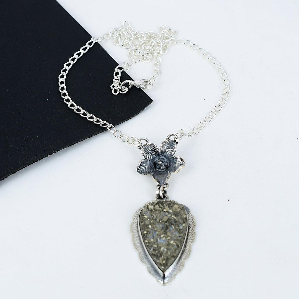 Natural Pyrite Druzy Gemstone Handmade 925 Sterling Silver Electroform Flower Necklace, Pyrite Druzy Silver For Wife Unisex Pendant Birthday Gifts