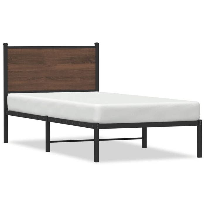 VidaXL Metal Bed Frames with Brown Oak Headboard 90x200 Cm, Single Bed, Bedroom Furniture, Guest Bed, 4007758