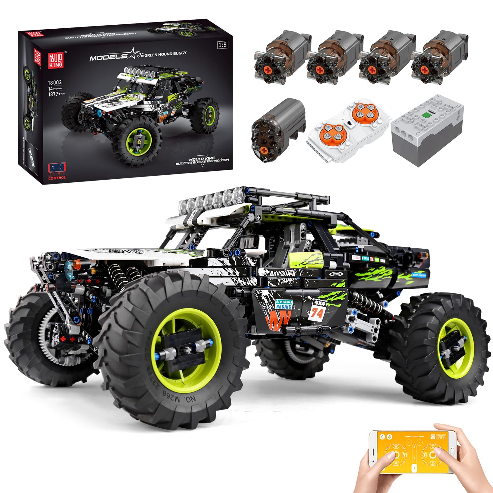 

Mould King 18002 Off-Road Vehicle Model Building Kit, Hill-Climbing, 2.4G Remote Control and App Dual Control SUV, 4x4 Technology Series Limit