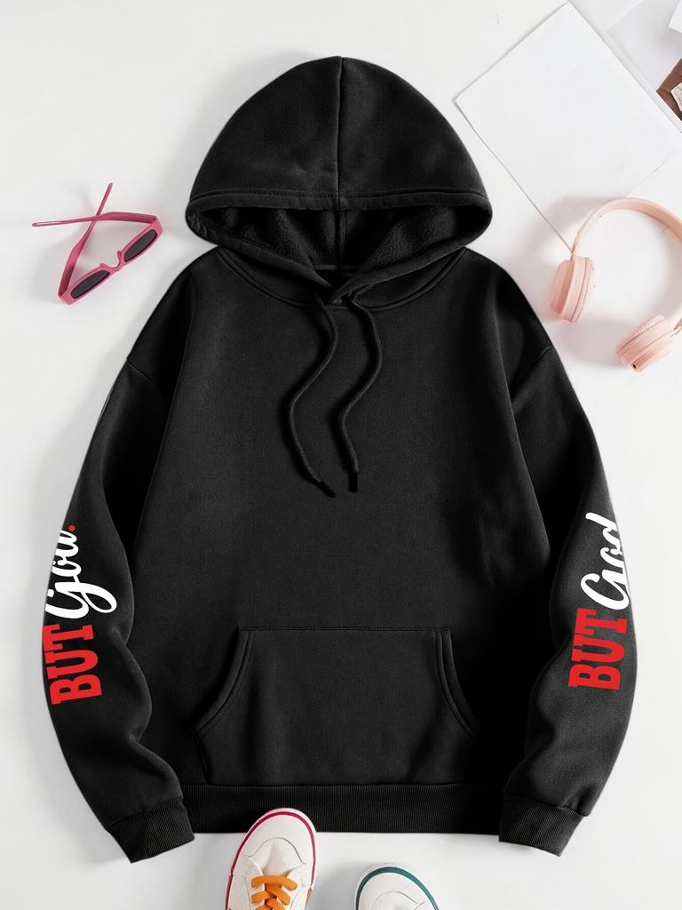 Herren Hoodie mit Glaubens-Buchstabenaufdruck BUT GOD Slogan auf dem Rücken & Doppelte Ärmel Grafik Street Hip Hop Sport Lockerer Freizeit Pullover Sweatshirt