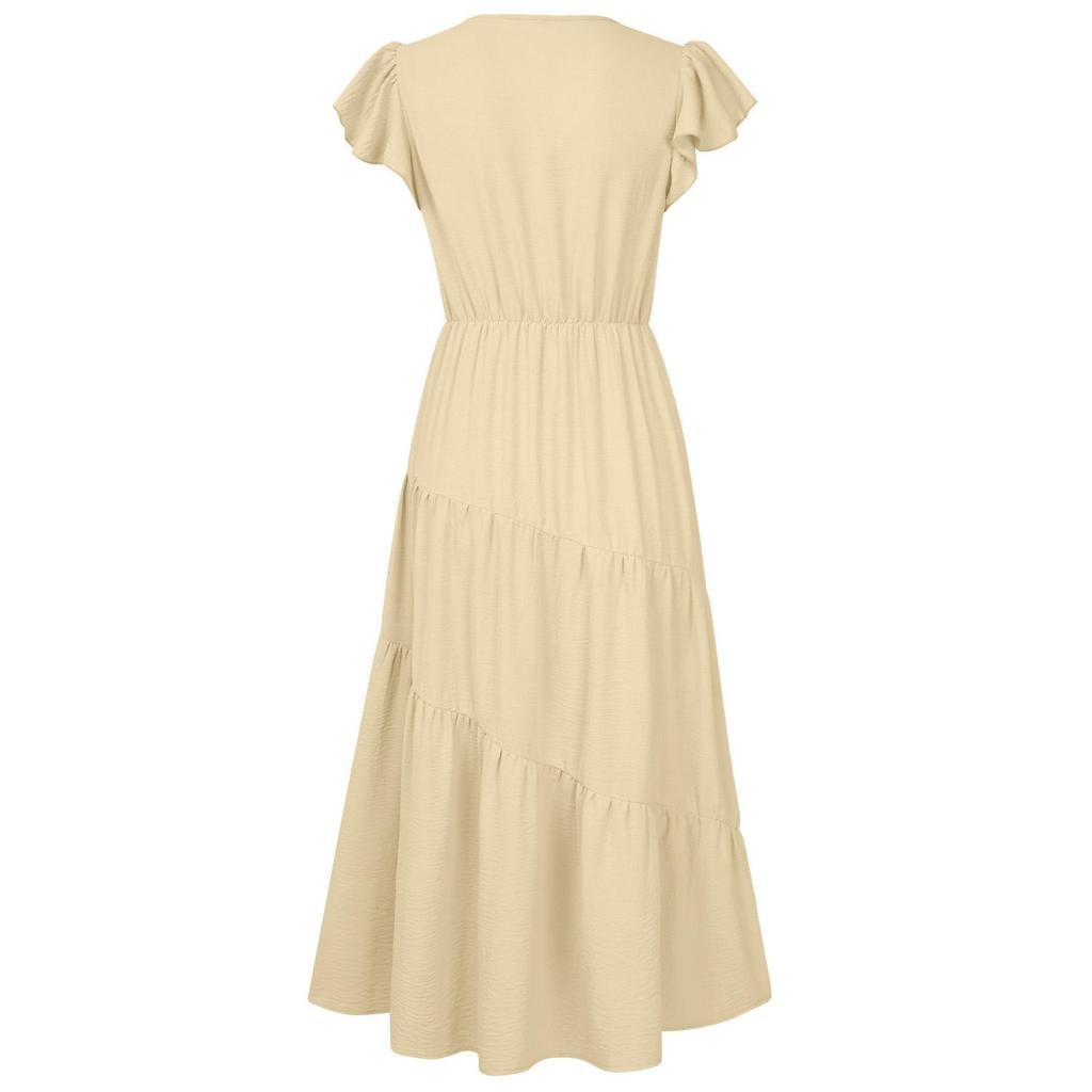 Damen Frühling Einfarbig V-Ausschnitt Kurze Lotusblattärmel Schlankes Kleid Sommer Lässig A-Linie Hohe Taille Lagen Lange Kleider S-XL