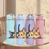 1PC Cute Black Cat Portrait 750ml Color Plastic Sports Water Bottle Leakproof Flip Straw Lid Suitable for Sports Office Home Use