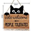 22*20cm Welcome Sign Boxwood Cat People Tolerated Sign Front Door Wall Hanging Wooden Plaque Hanger Black Kitten Garden Decor