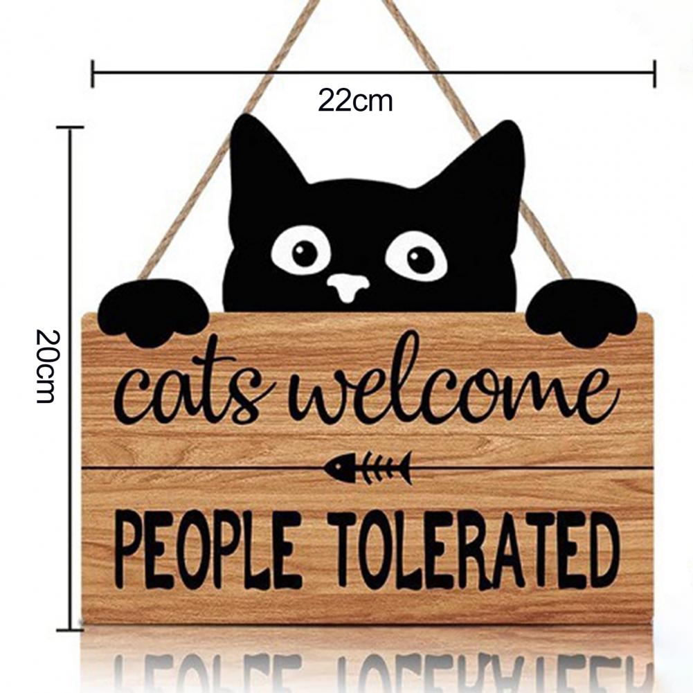 22*20cm Welcome Sign Boxwood Cat People Tolerated Sign Front Door Wall Hanging Wooden Plaque Hanger Black Kitten Garden Decor