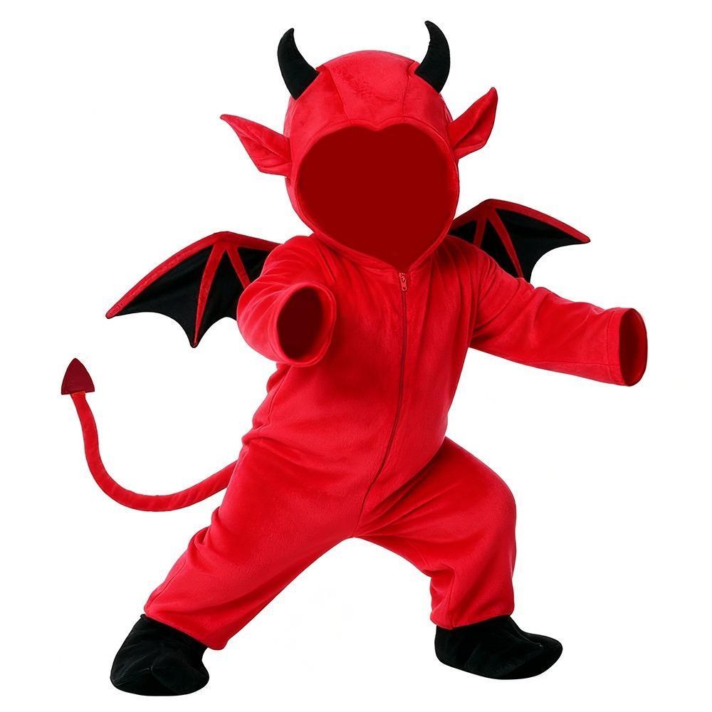 Roztomilý červený ďábel overal Cosplay oblečení s rohy křídly ocasem na karneval maškarní ples scénu party focení Halloween Cosplay