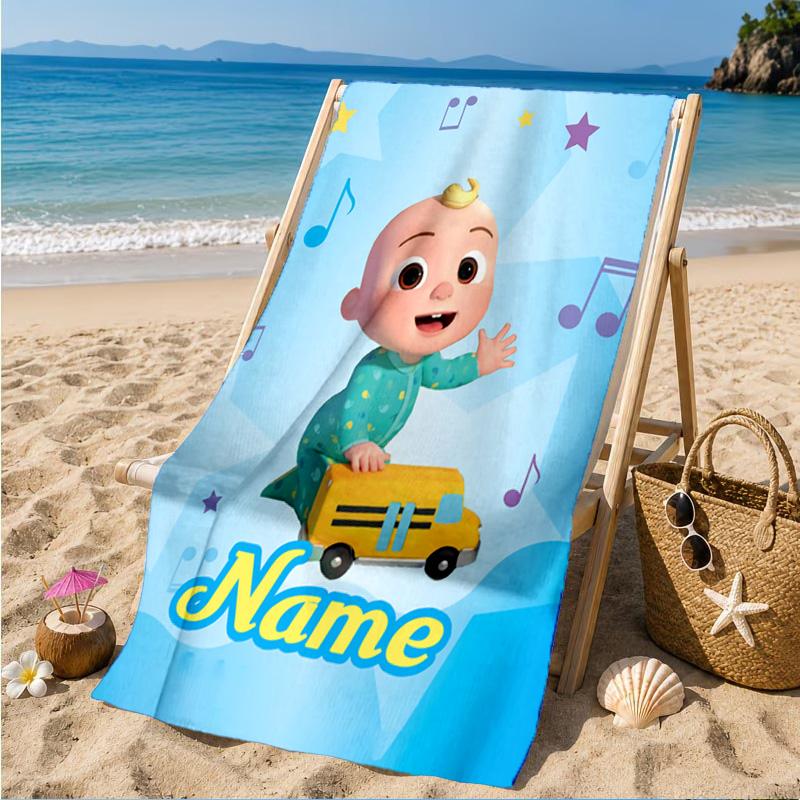 Custom Name Coco-melon Happy Journey Beach Towel Microfiber Beach Towel, Lightweight and Quick-Dry, for Summer Travel, Swimming Pool Gift
