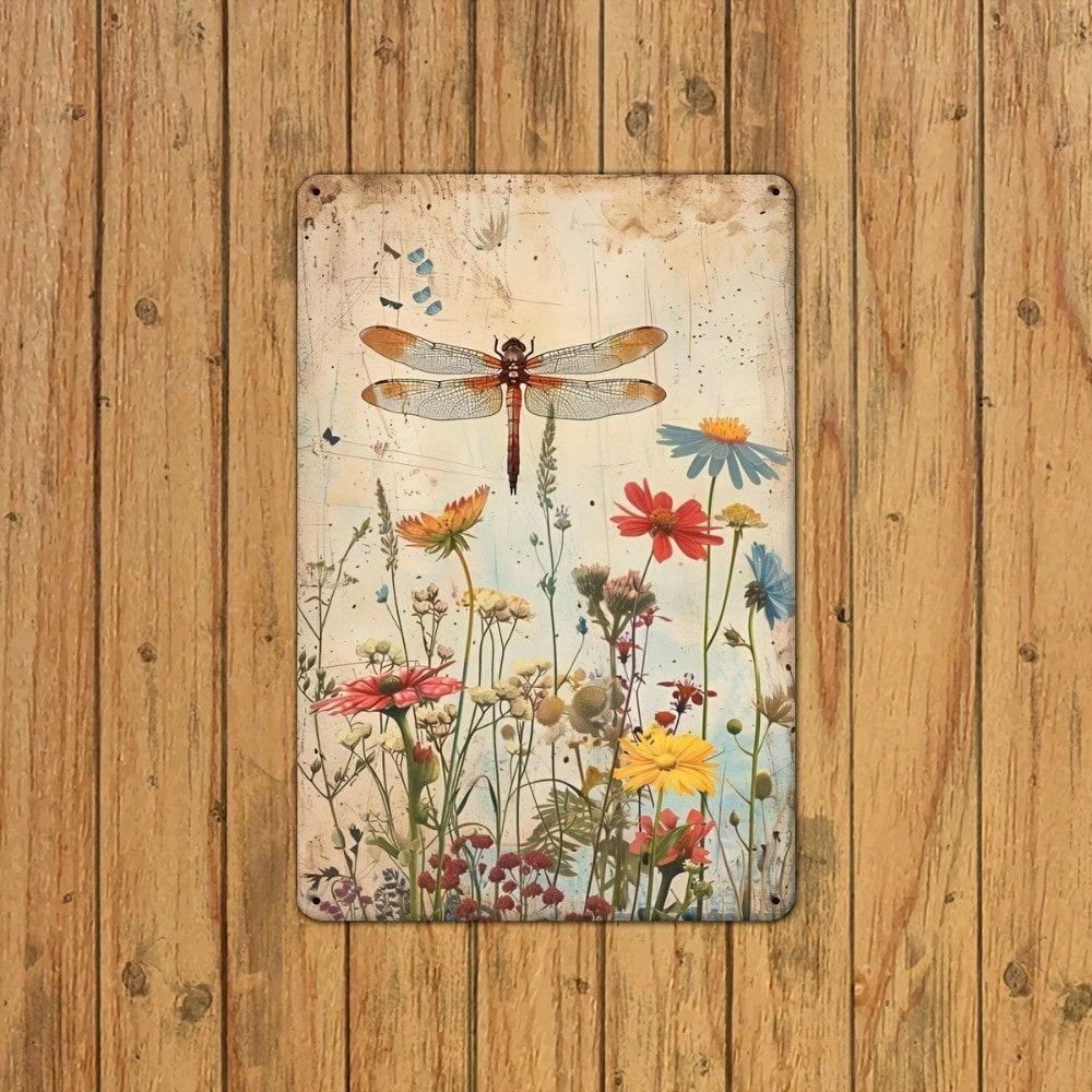 Vintage Floral Dragonfly Tin Sign Wall Decor Metal Plaque for Home Kitchen Bar Cafe