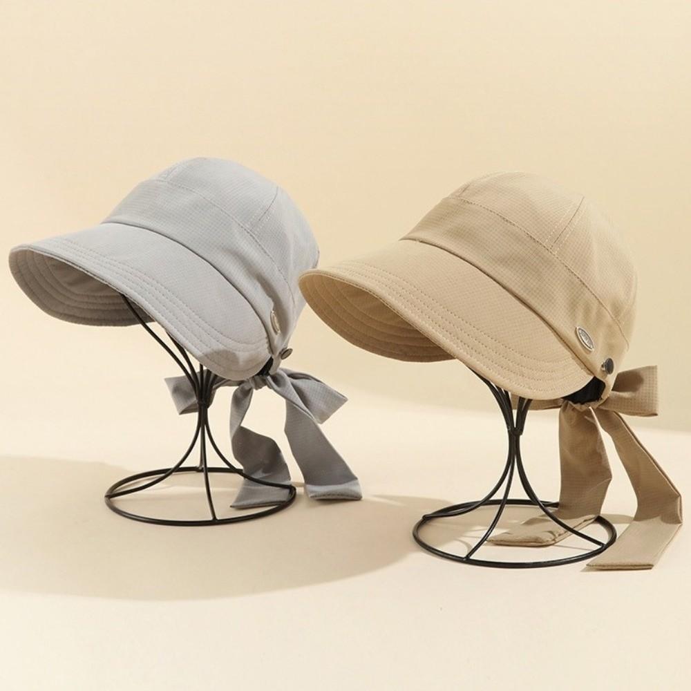Solid Color Wide Brim Bucket Hat with Bow Peaked Cap Simple Women Sun Hat Fishing