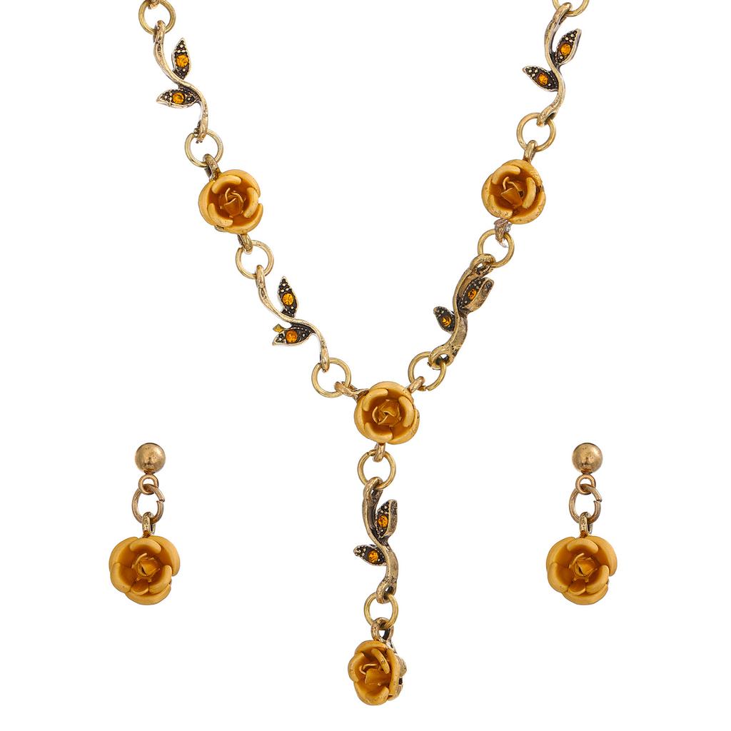 Vintage Gold Red Rose Jewelry Set, Floral Necklace, Bracelet & Drop Earrings for Women