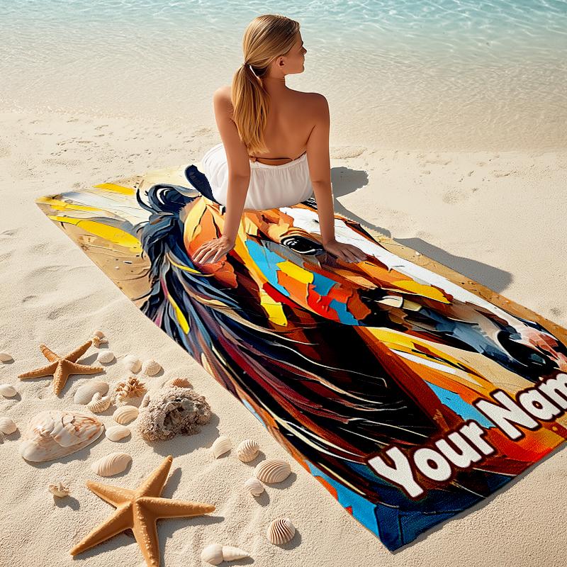 1PC Custom Name Abstract Horse Portrait Beach Towel Highly Absorbent And Sand-Resistant Towel for Swimming, Pool, Yoga, And Travel Lightweight