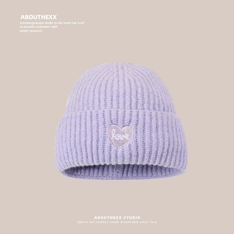 Love Embroidered Woolen Hat for Women Autumn and Winter New Style Large Head Circumference Knitted Hat Large Version Warm Ear Protection Cold Hat