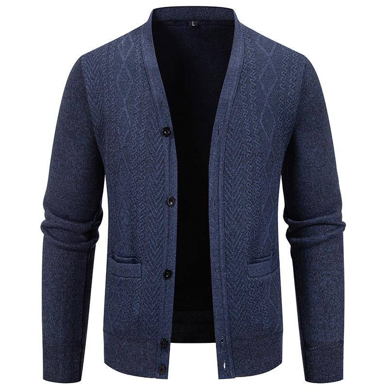 Men's Jacquard Button Cardigan Knitted Sweater Jacket Warm Plus Velvet Sweater Men