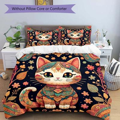 3pcs Ancient Cat Art Printed Bedding Set, Soft and Comfortable Quilt Cover for Bedroom, Guest Room (1 Duvet Cover + 2 Pillowcases, Pillow Co