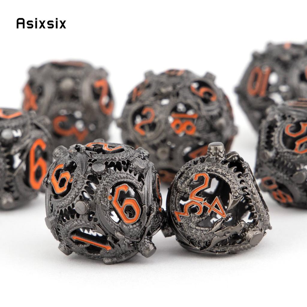 7 Pcs Black Orange Circular Dragon Metal Dice Hollow Metal Polyhedral Dice Suitable for Role-Playing RPG  Board Game Card Game