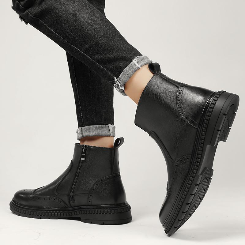 Side Zipper Men High Top Casual Shoes Luxury Chelsea Boots Genuine Leather Men's Ankle Boots High Grade Winter Plush Snow Boots