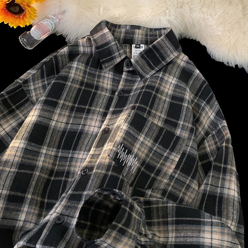 

American Plaid Shirt Men s Spring and Autumn New Versatile Retro Long-sleeved Shirt High Street Casual Jacket Top 3XL
