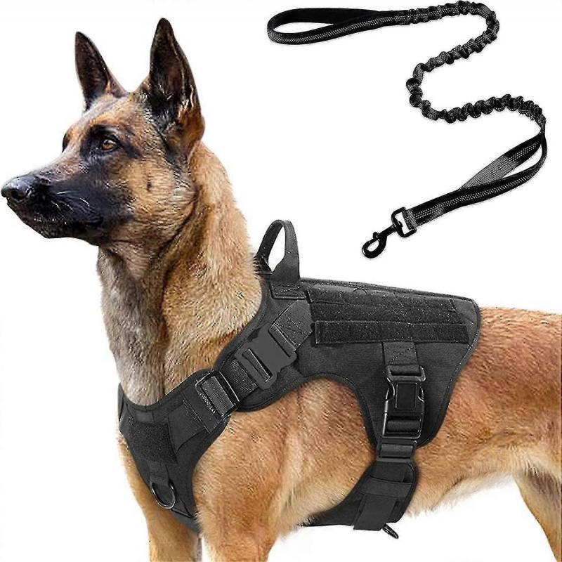 Taktisches Hundegeschirr und 1,2 m Bungee-Leine, Militärisches Hundegeschirr-Set für große und mittelgroße Hunde, Jagd, Training - -