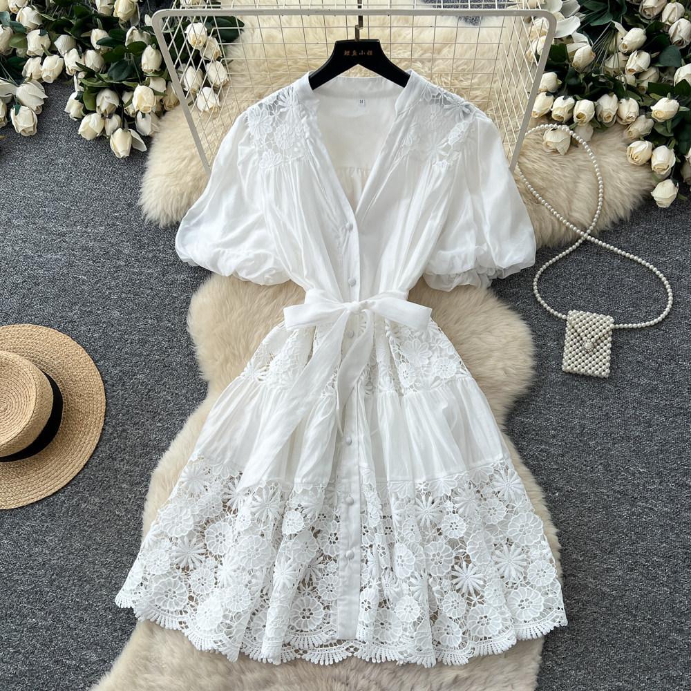 French heavy industry lace V-neck bubble sleeve dress women's summer red strap waist thin A-shaped skirt