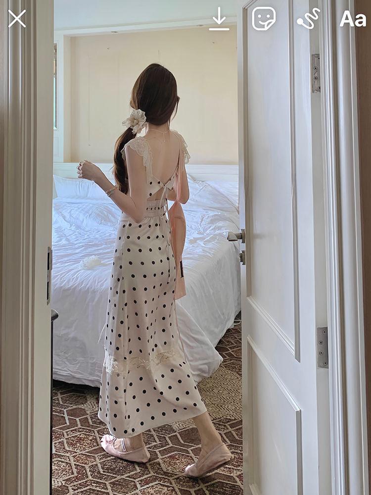 Summer Polka Dot Lace Long Backless Dress Women's New Sweet Waist and Thin Temperament Suspender Dress