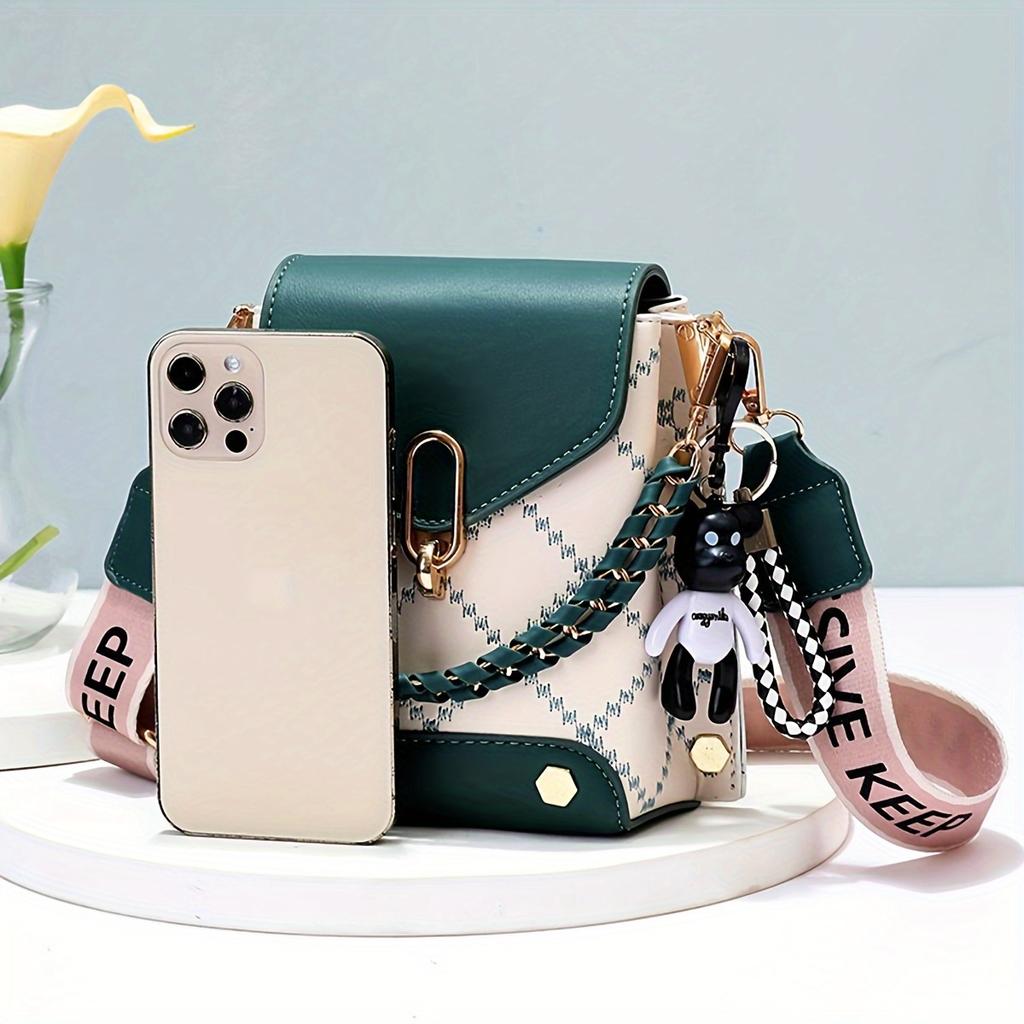 Mini bolsa transversal xadrez feminina com decoração em corrente, mini bolsa de ombro com aba, bolsa de ombro clássica com alça larga