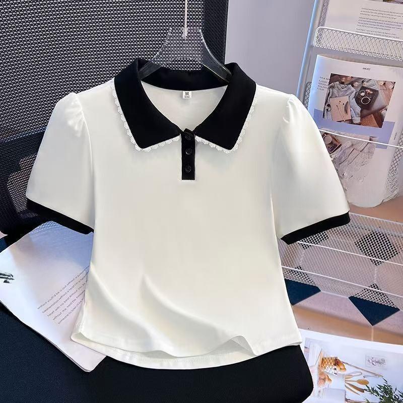 Summer Short Sleeve T Shirt For Women With Doll Collar And Spliced Fabric For Casual Wear
