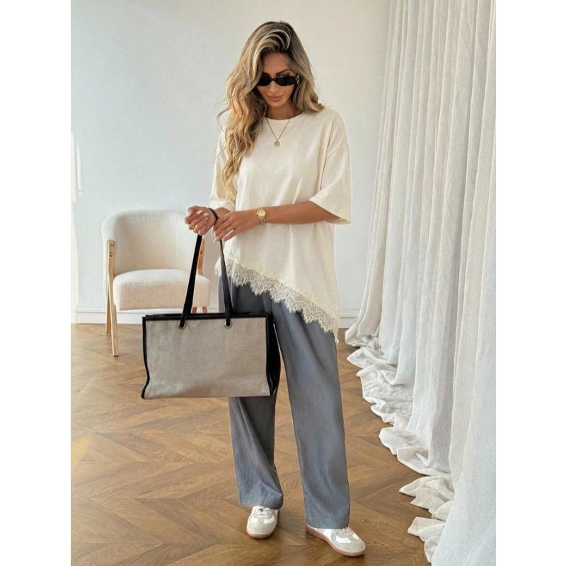 New Slanted Bottom Lace Splicing Short Sleeve T-shirt Sweet Irregular Top for Women Solid O Neck Loose Elegant Fashion Casual Office Blouse Basic Tees