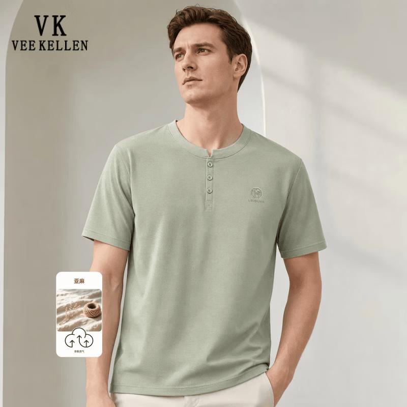 VEE KELLEN Men's Linen Blend Breathable Short Sleeve T-Shirt