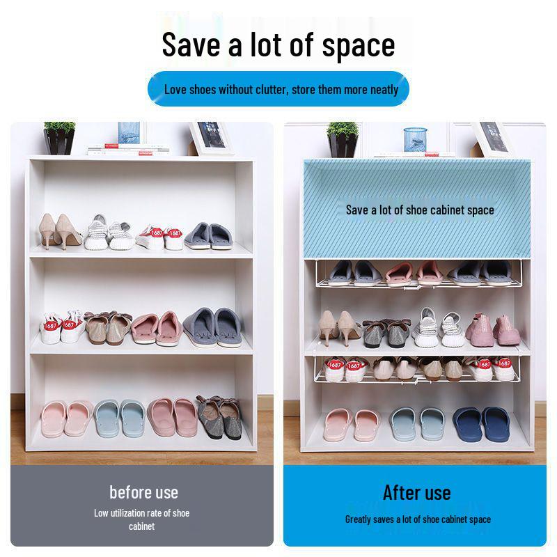 Retractable Shoe Cabinet with Dividers and Foldable Bracket - Space-Saving Storage Rack with Under-Hanging Baskets.