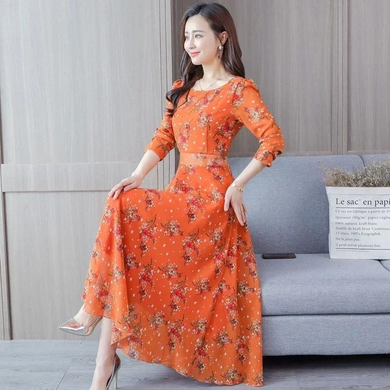 

Mid-length Long-sleeved Round Neck Skirt Spring and Summer Printing A Word Elastic Waist Fashion Dress Woman Dress