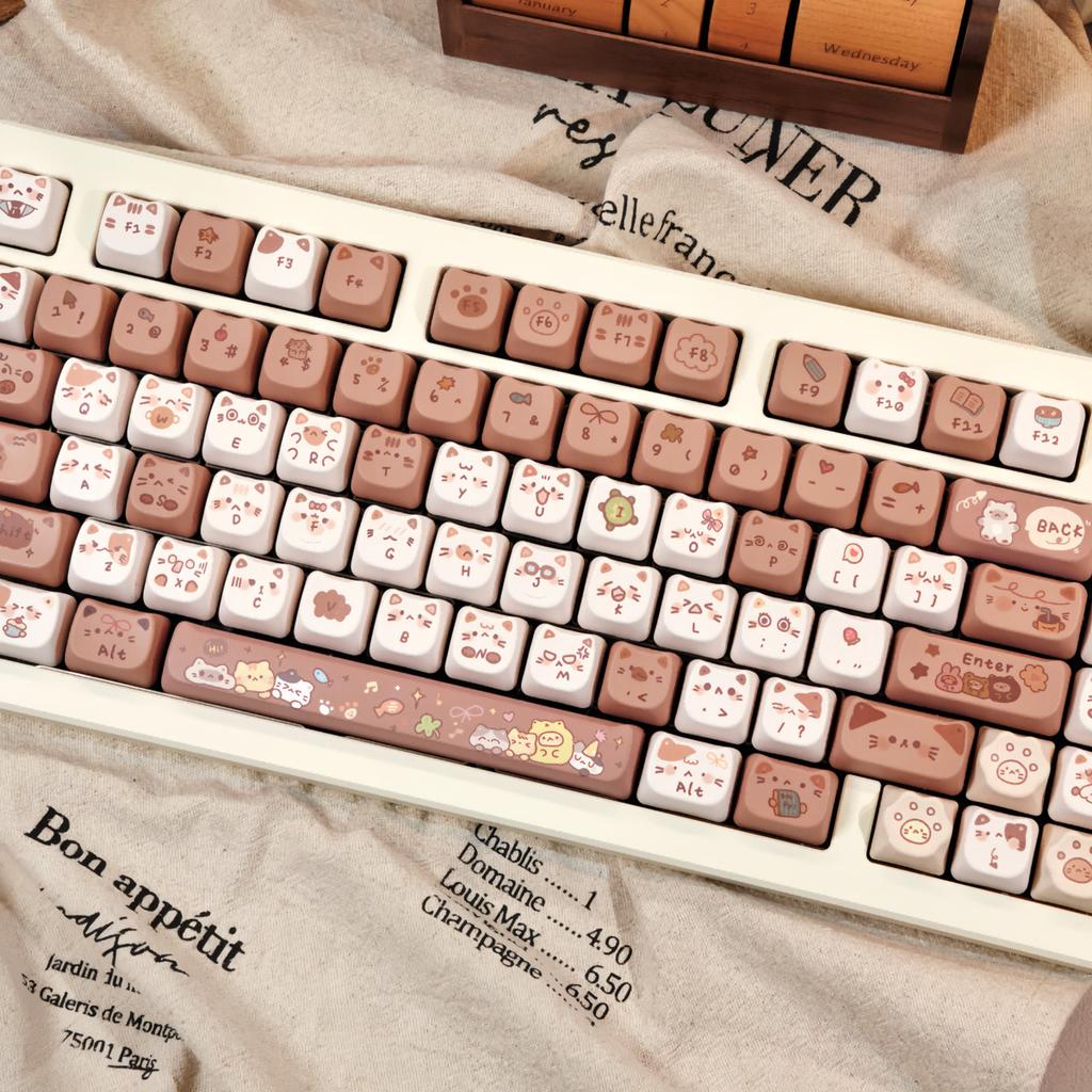 Maorbeng Mielben, Magnetic Keyboard All, Cocoa Cat 140 Pcs Cute, Cross Heat Transfer Mechanical Keyboard Keycap PBT Maorbeng-018