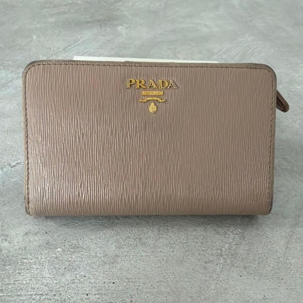 Used PRADA Saffiano Leather Bi-fold Wallet Beige
