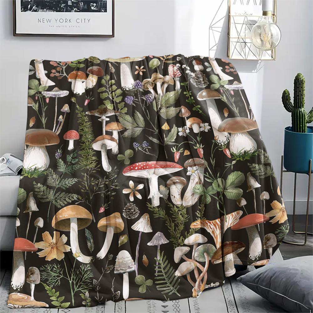 1Pc Dreamy Exotic Mushroom Print Flannel Blanket, High quality Comfortable for All Seasons, Home Decor, Warmth and Comfort, Perfect for Gifts