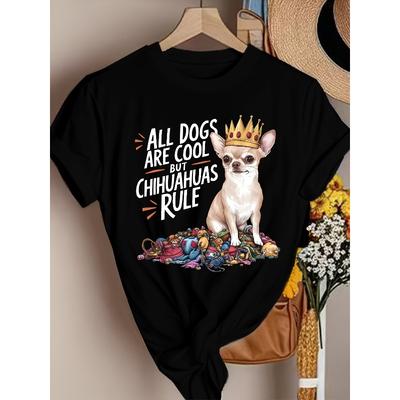 T-shirt da donna con stampa cucciolo Chihuahua, girocollo, manica corta, tessuto leggermente elasticizzato, elegante, top casual per tutte le stagioni