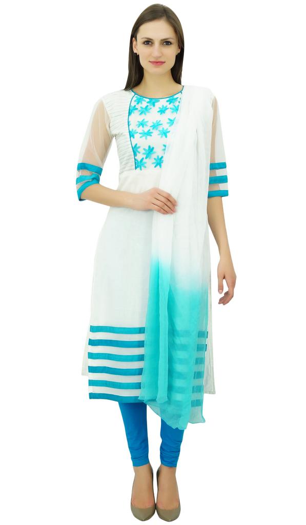 Atasi Women'S White And Blue Straight Salwar Kameez With Dupatta Suit Sets