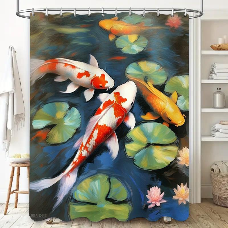 Colorful Koi Fish Shower Curtain Water Lilies Design for Bathroom Decor Waterproof Fabric Customizable Size