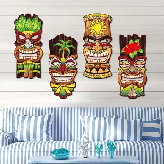 4 Stück Gesichtsmaske Dekor Massivholz Handbemalt Tiki Gesichtsmaske Tropischer Hawaiianischer Stil Wanddekoration Strand Poolbereich Dekoration