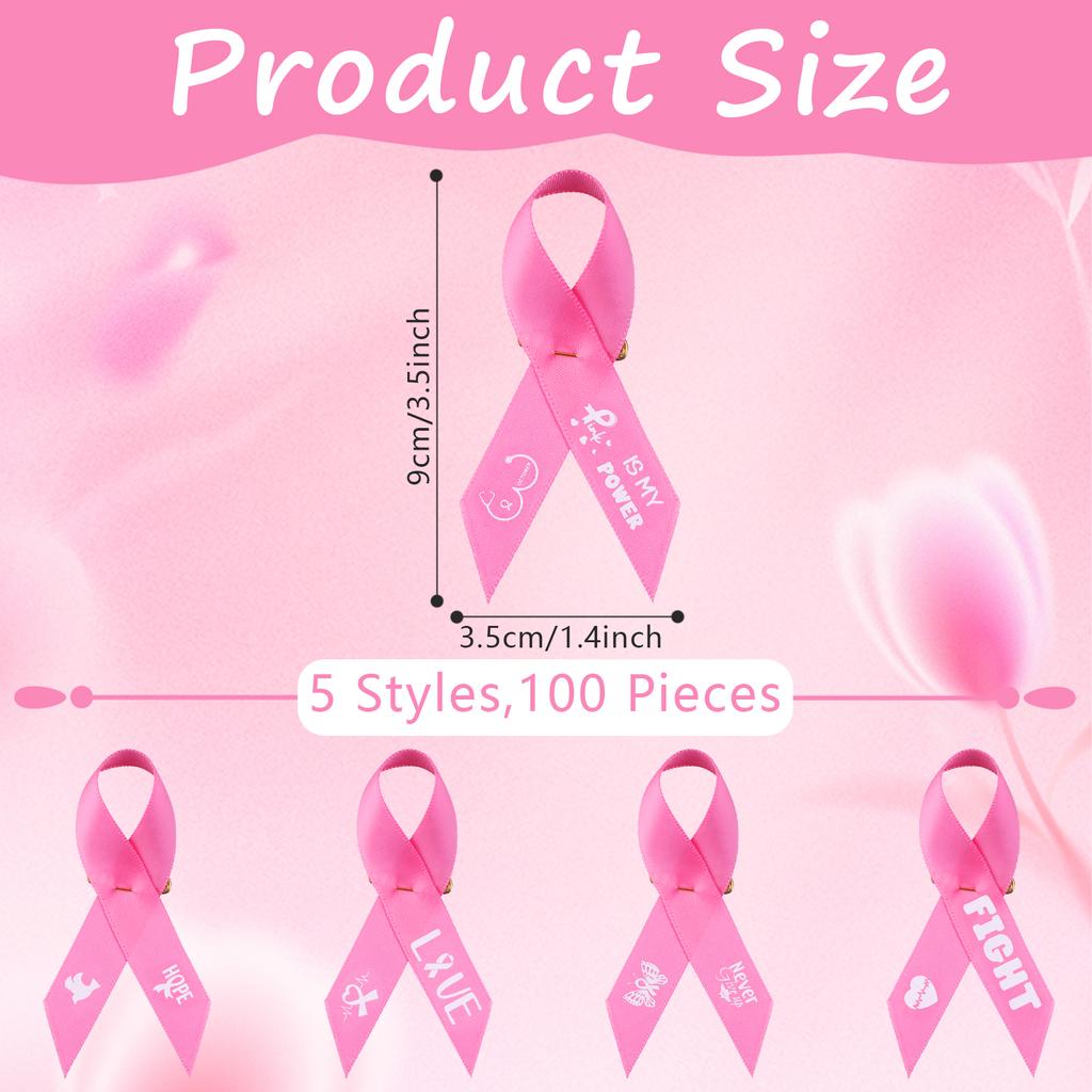 100 Pcs Breast Cancer Awareness Pins Pink Ribbon Lapel Pins Hope Power Love Fight Cancer Theme Fabric Pins Bulk For Charity