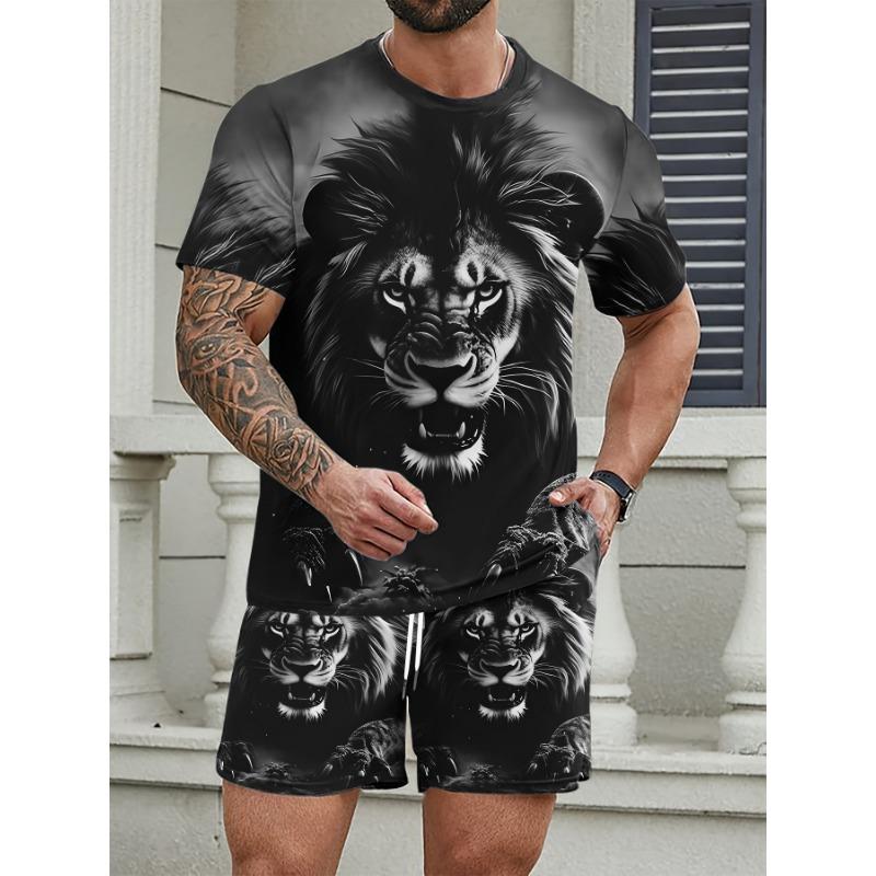 Men's 3D Lion Print Summer Set: Black & White Realistic Tee with Matching Shorts. Cool Streetwear for Holiday & Daily Wear
