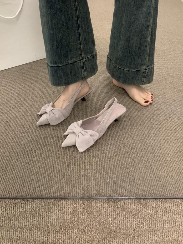 Suede Big Bow Bag Head Sandals Women's Shoes Kitten Heel Empty Pointed Head Beautiful Single Shoes Women