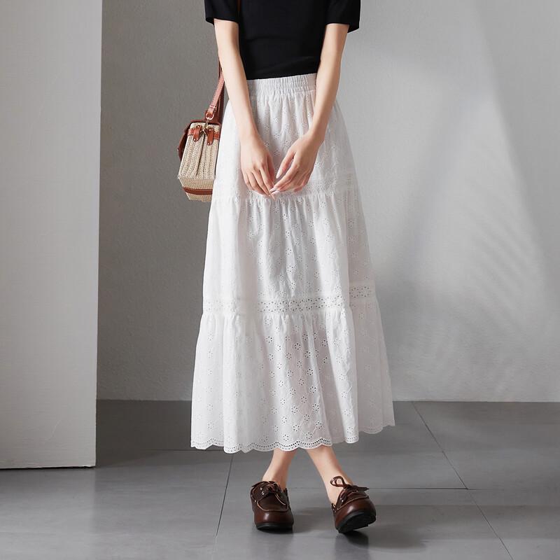 SOFSIL Women's White Floral Hollow-Out A-Line Midi Skirt