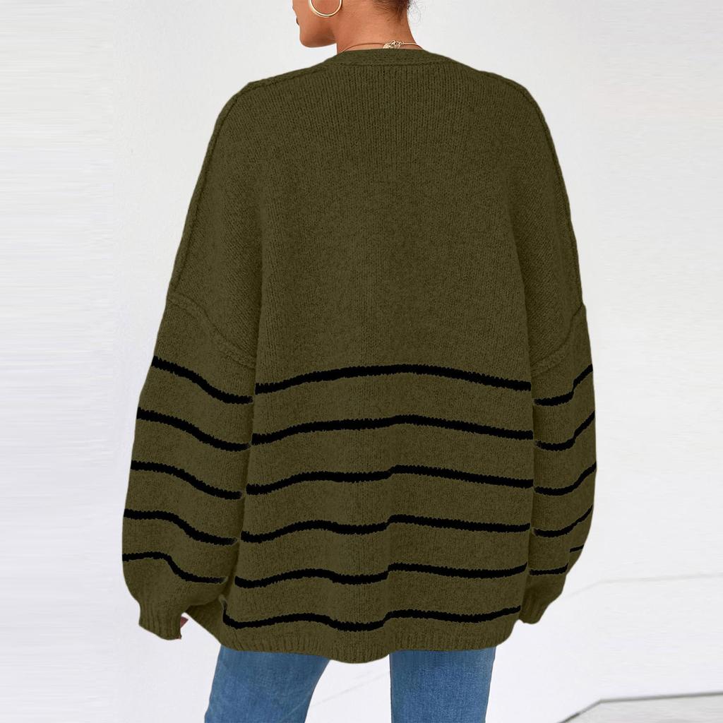 Women's Fashion Stripe Coats Long Sleeved Knitted Casual Cardigan Sweater Jacket