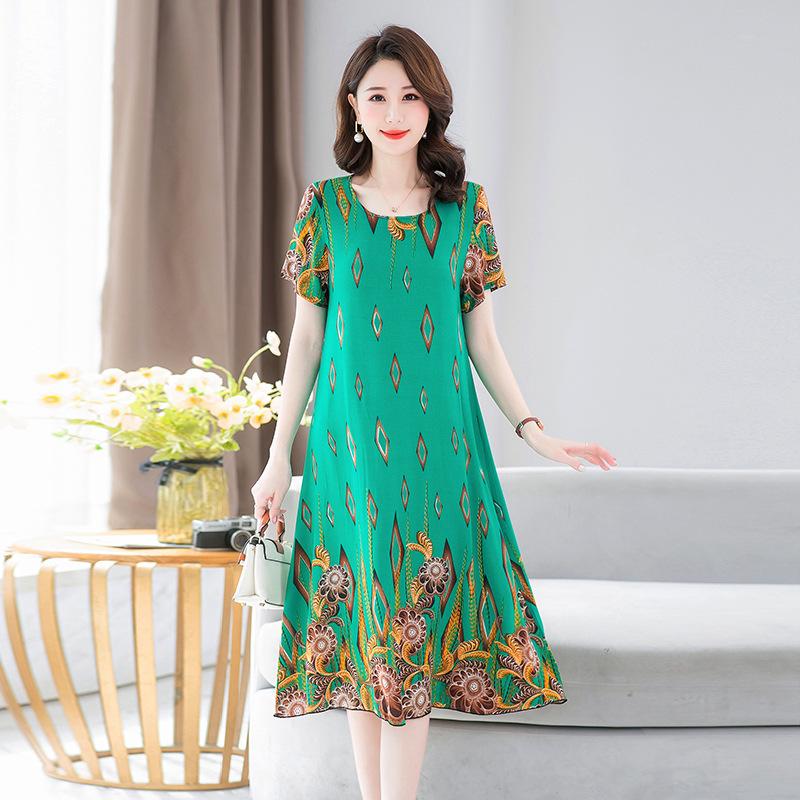 Women's Half Sleeve Print A-Line Dress Crew Neck Loose Waist Casual Summer Midi Rayon Dress For Middle-Aged Mothers Multiple Colors Optional
