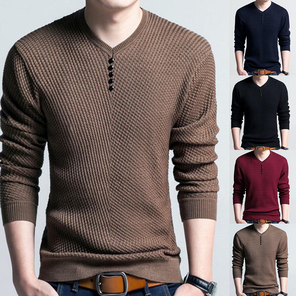 Autumn Winter Solid Color Clothing Men Sweater Chic Men Solid Color V Neck Long Sleeve Pullover Slim-Fit Knitted Sweater Blouse