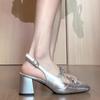 Lambskin! Baotou Sandals Women's Summer Wear Fashion and High-end Temperament Silver Bow Thick Heel High Heel Single Shoes