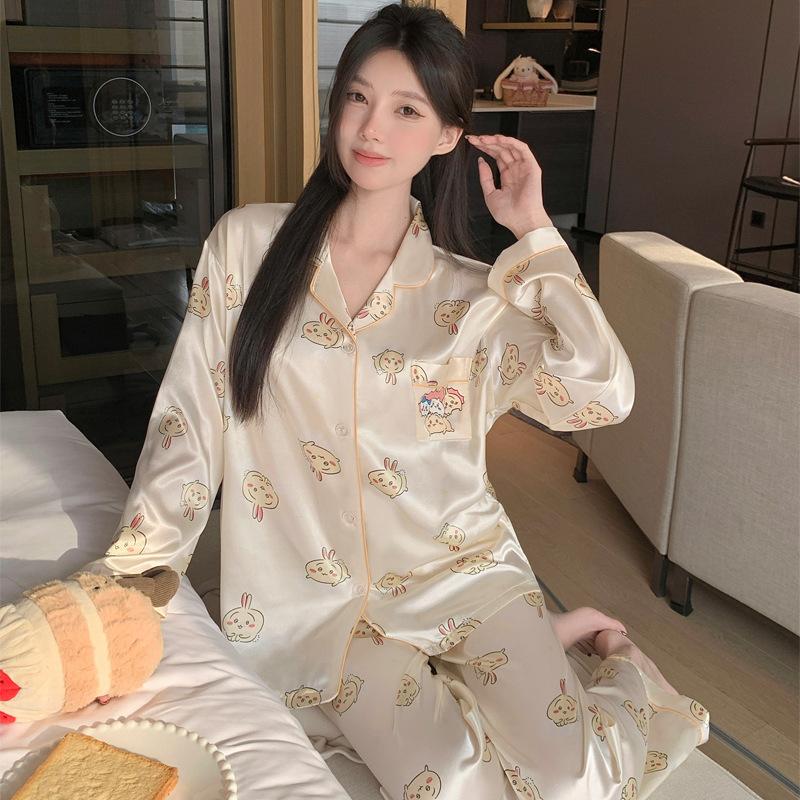 Silky Ice Silk Pajamas Women'S Spring And Autumn Cartoon Jiyika Wow Small Eight Long-Sleeved Casual Loungewear Two-Piece Set