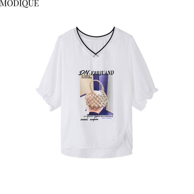 MODIQUE Spring Summer Plus Size New Women Loose Fashion Print Blouse Shirts Female Casual Oversize Short Sleeve V-Neck Top Basic White