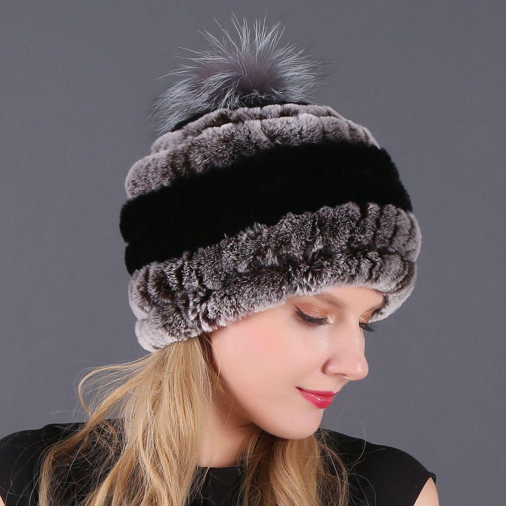 Women's Fur Hat with Rex Rabbit and Fox Fur Pompon for Autumn and Winter