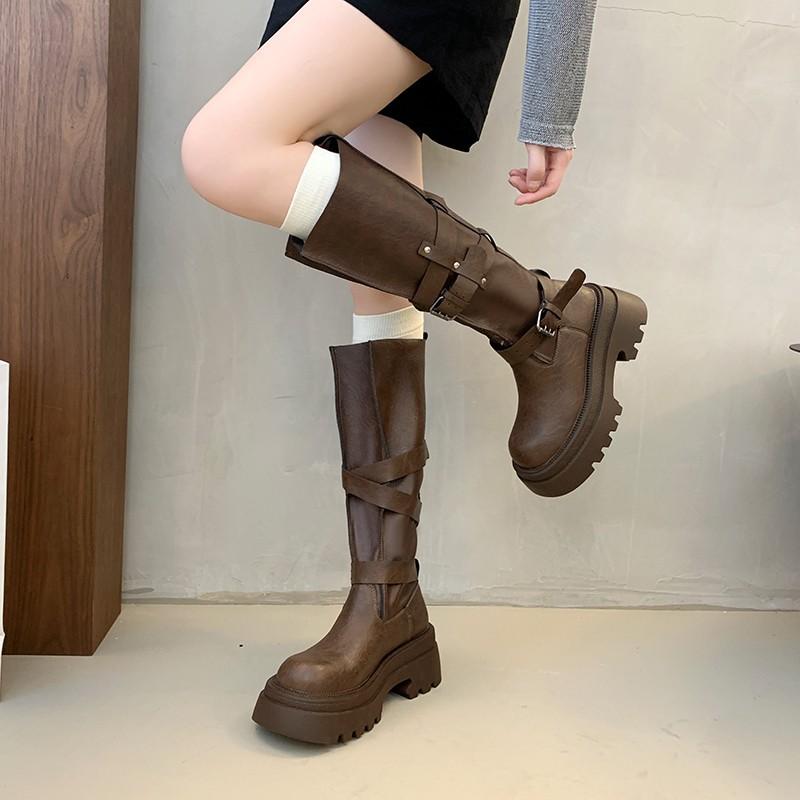 

Осень и зима женские универсальные модные ботфорты на платформе, новые высокие ботинки Мартин 40 коричневый