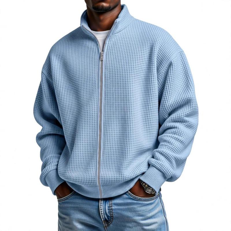 Mens Grey Waffle Knit Zip-Up Jacket Stand Collar Loose Fit Long Sleeve Casual Solid Color Top